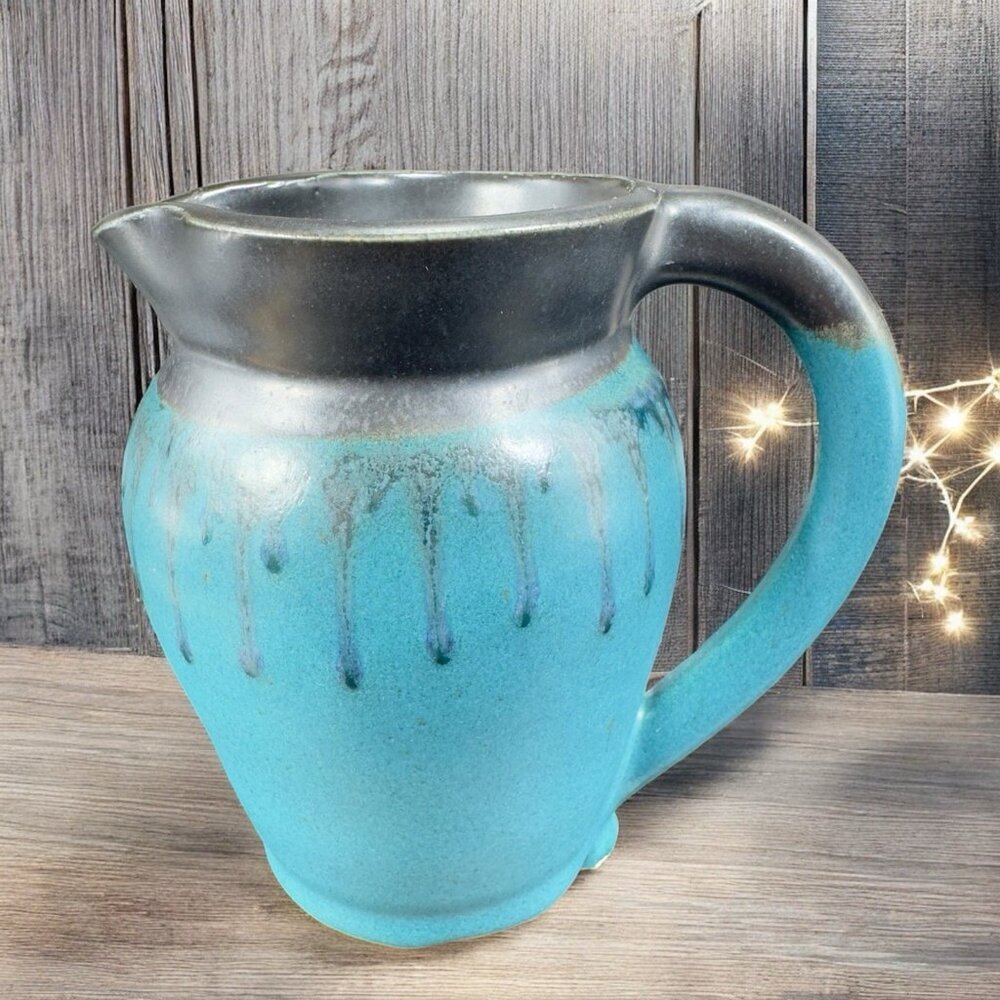 1999 Hand‎ Made Studio Pottery Pitcher Jug Carafe Artist Signed Drip Glaze VTG